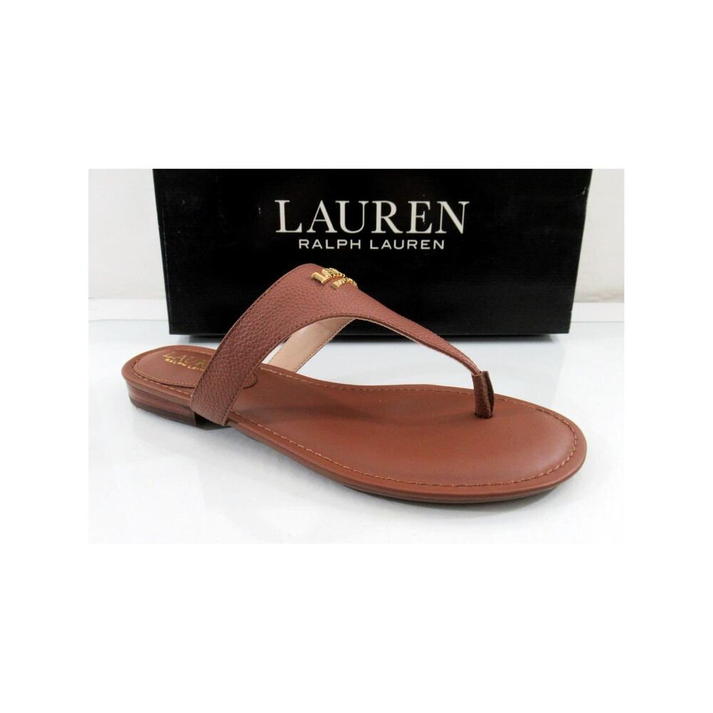Lauren Ralph Lauren Ellah Flat Thong Sandals Tumbled Leather Polo Tan